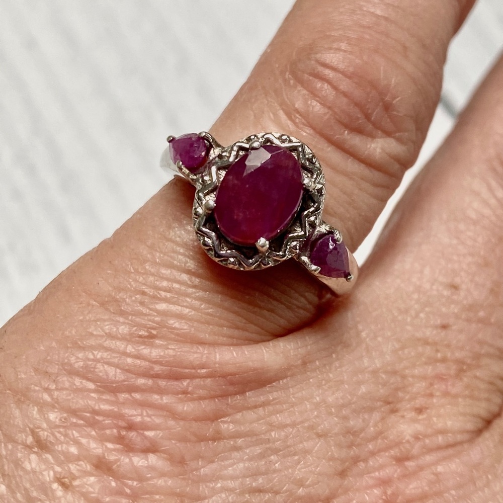 Genuine Ruby Ring Solid 925 Sterling Silver 3 Sto… - image 1